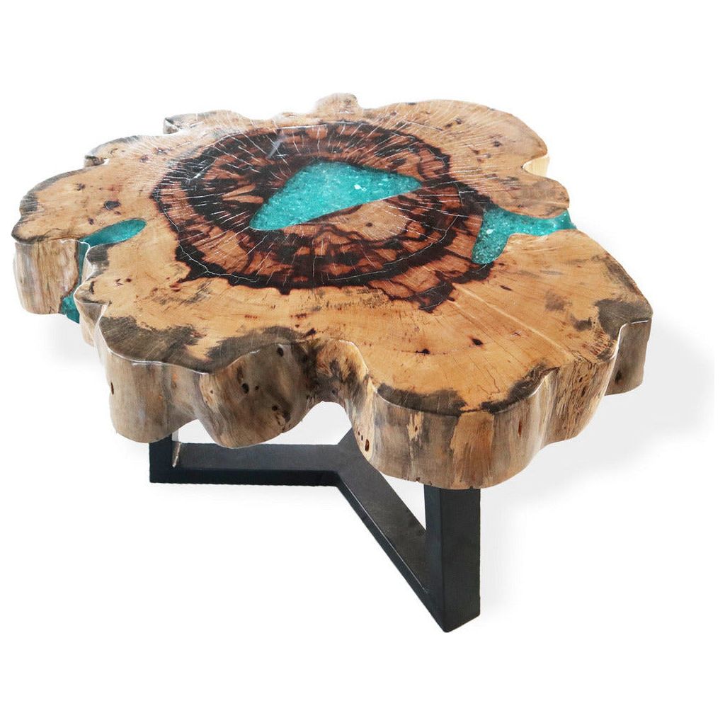 Emmy Jane Boutique Wooden Coffee Table - Natural Tamarind Wood and Resin - Aqua and Sky Blue