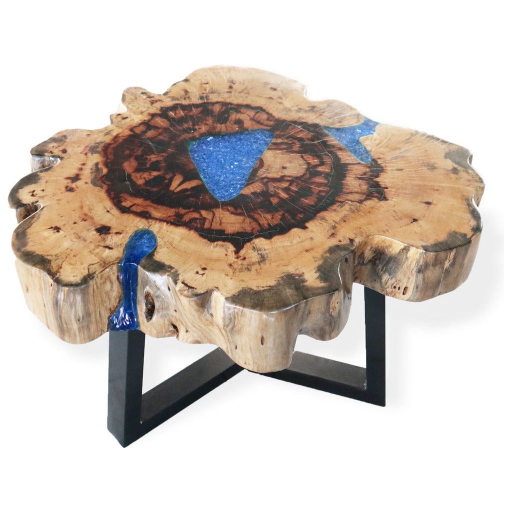 Emmy Jane Boutique Wooden Coffee Table - Natural Tamarind Wood and Resin - Aqua and Sky Blue