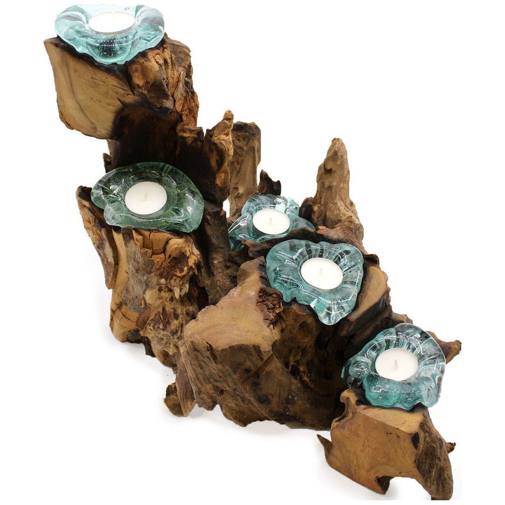 Emmy Jane Boutique Candle Holder Handmade Tealight Holder - Recycled Molton Glass on Gamel Wood