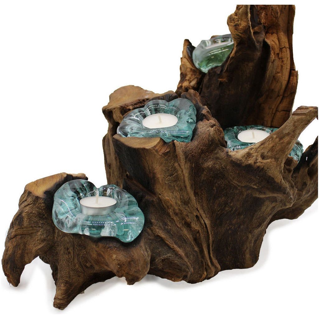 Emmy Jane Boutique Candle Holder Handmade Tealight Holder - Recycled Molton Glass on Gamel Wood