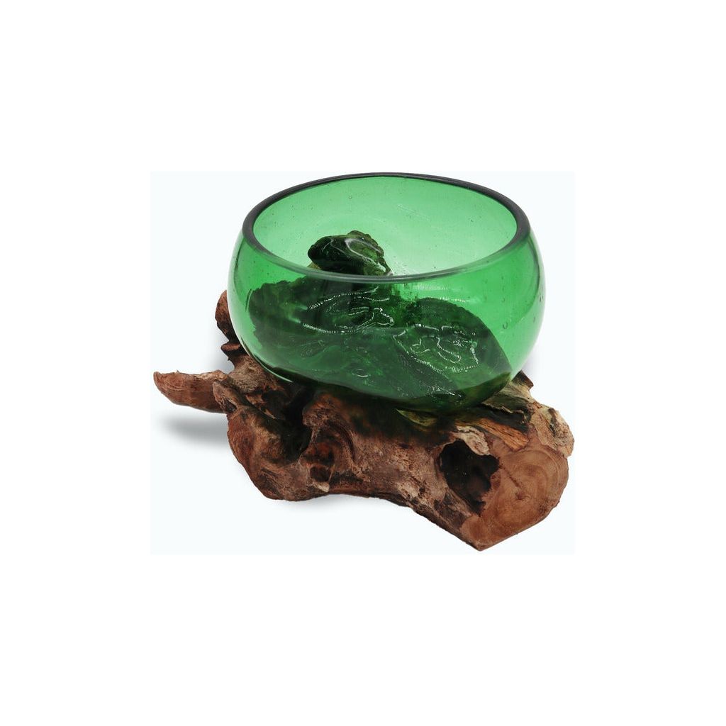 Emmy Jane Boutique Green Glass Bowl - Recycled Beer Bottles Molton Glass on a Sustainable Wood Base