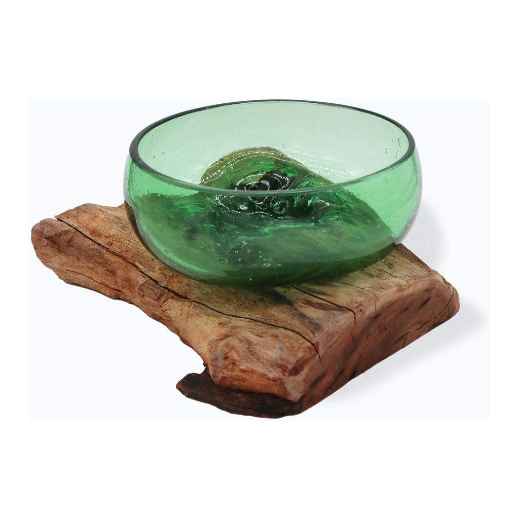 Emmy Jane Boutique Green Glass Bowl - Recycled Beer Bottles Molton Glass on a Sustainable Wood Base