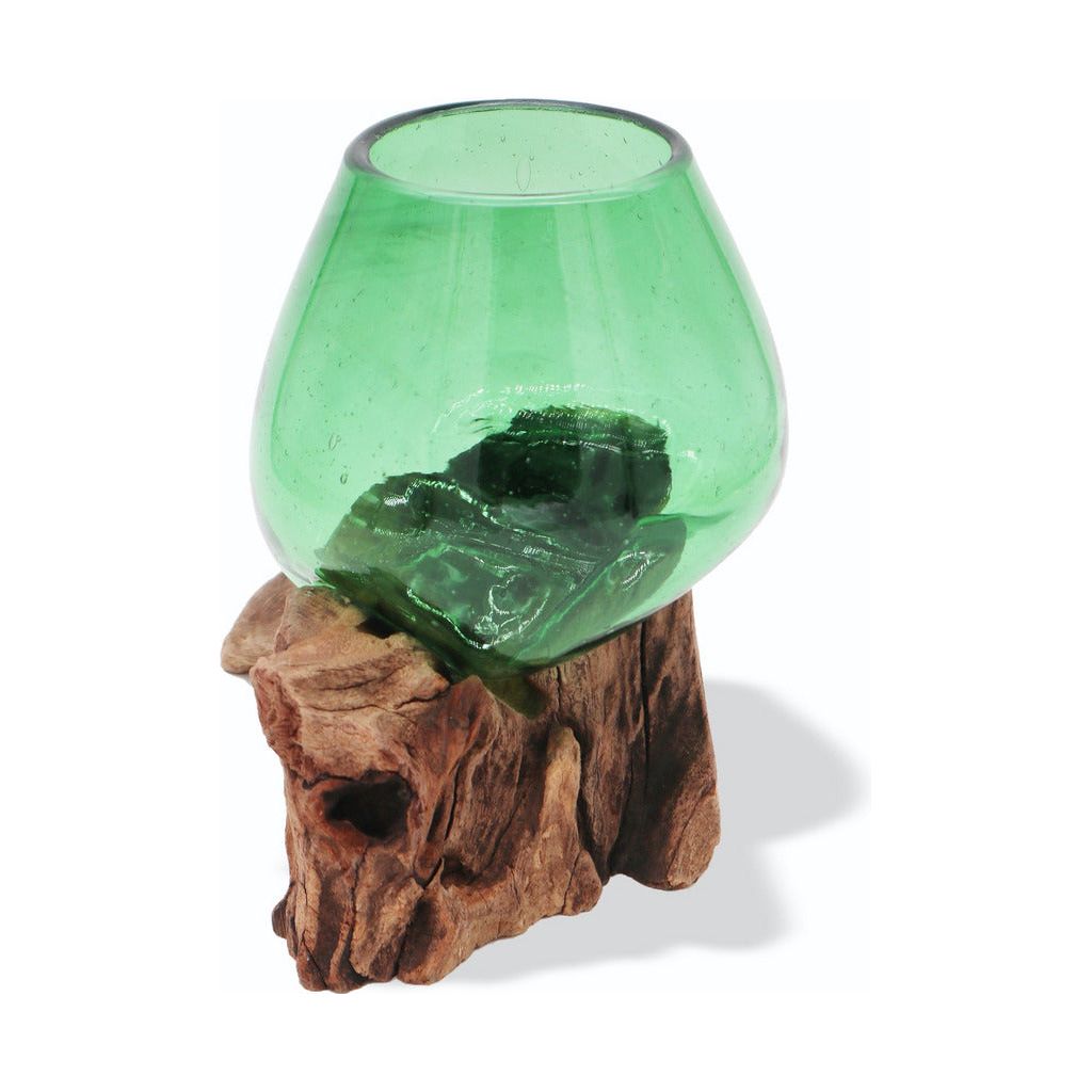 Emmy Jane Boutique Green Glass Bowl - Recycled Beer Bottles Molton Glass on a Sustainable Wood Base