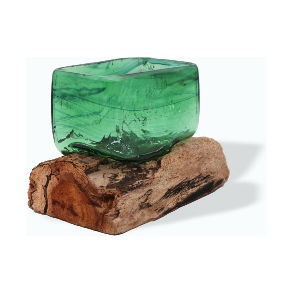 Emmy Jane Boutique Green Glass Bowl - Recycled Beer Bottles Molton Glass on a Sustainable Wood Base