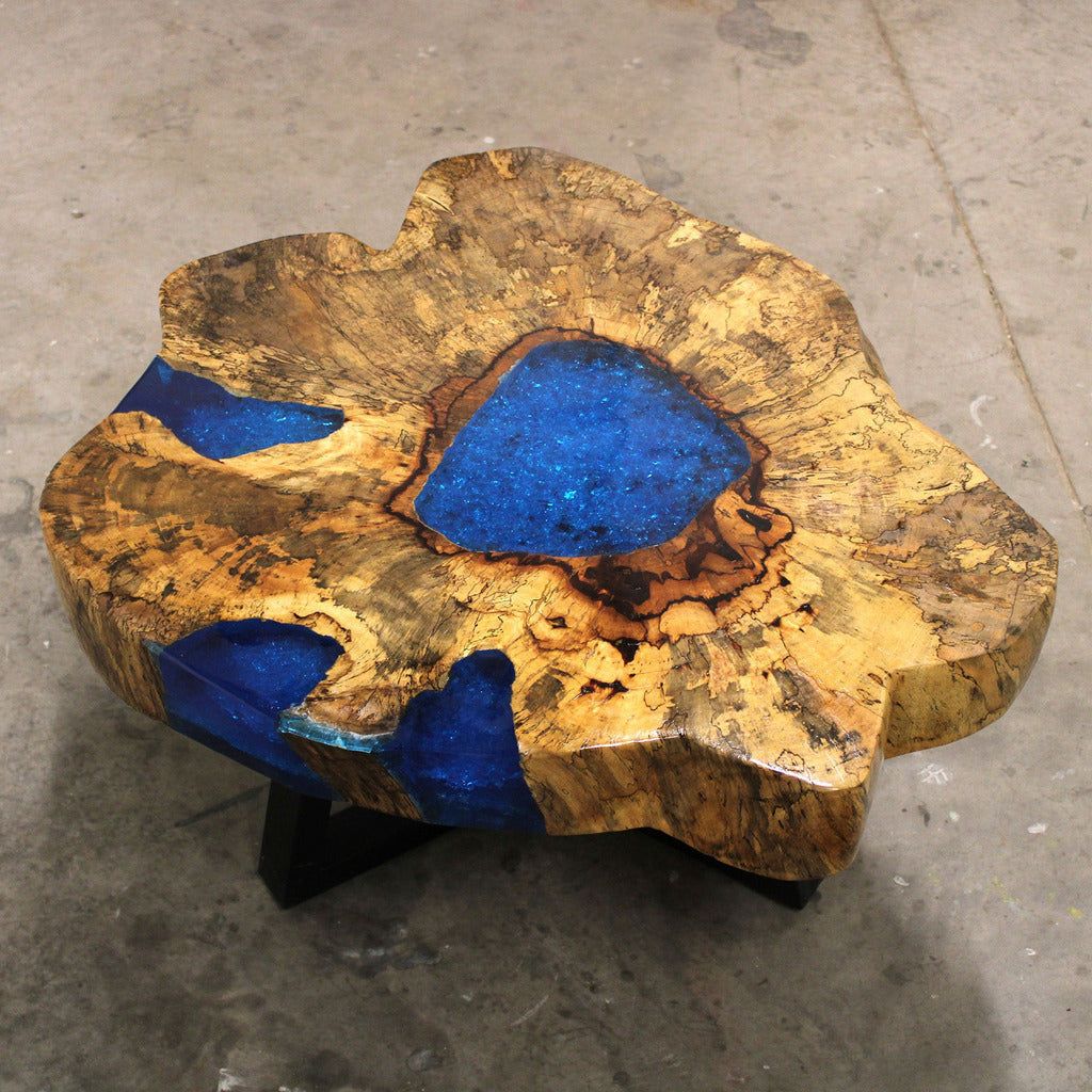 Emmy Jane Boutique Wooden Coffee Table - Natural Tamarind Wood and Resin - Aqua and Sky Blue