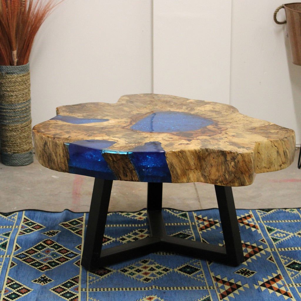 Emmy Jane Boutique Wooden Coffee Table - Natural Tamarind Wood and Resin - Aqua and Sky Blue