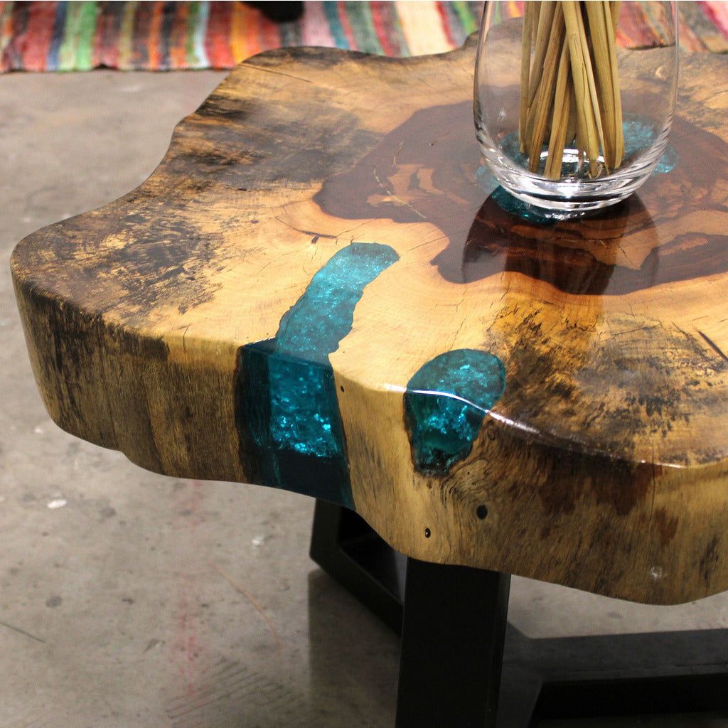 Emmy Jane Boutique Wooden Coffee Table - Natural Tamarind Wood and Resin - Aqua and Sky Blue