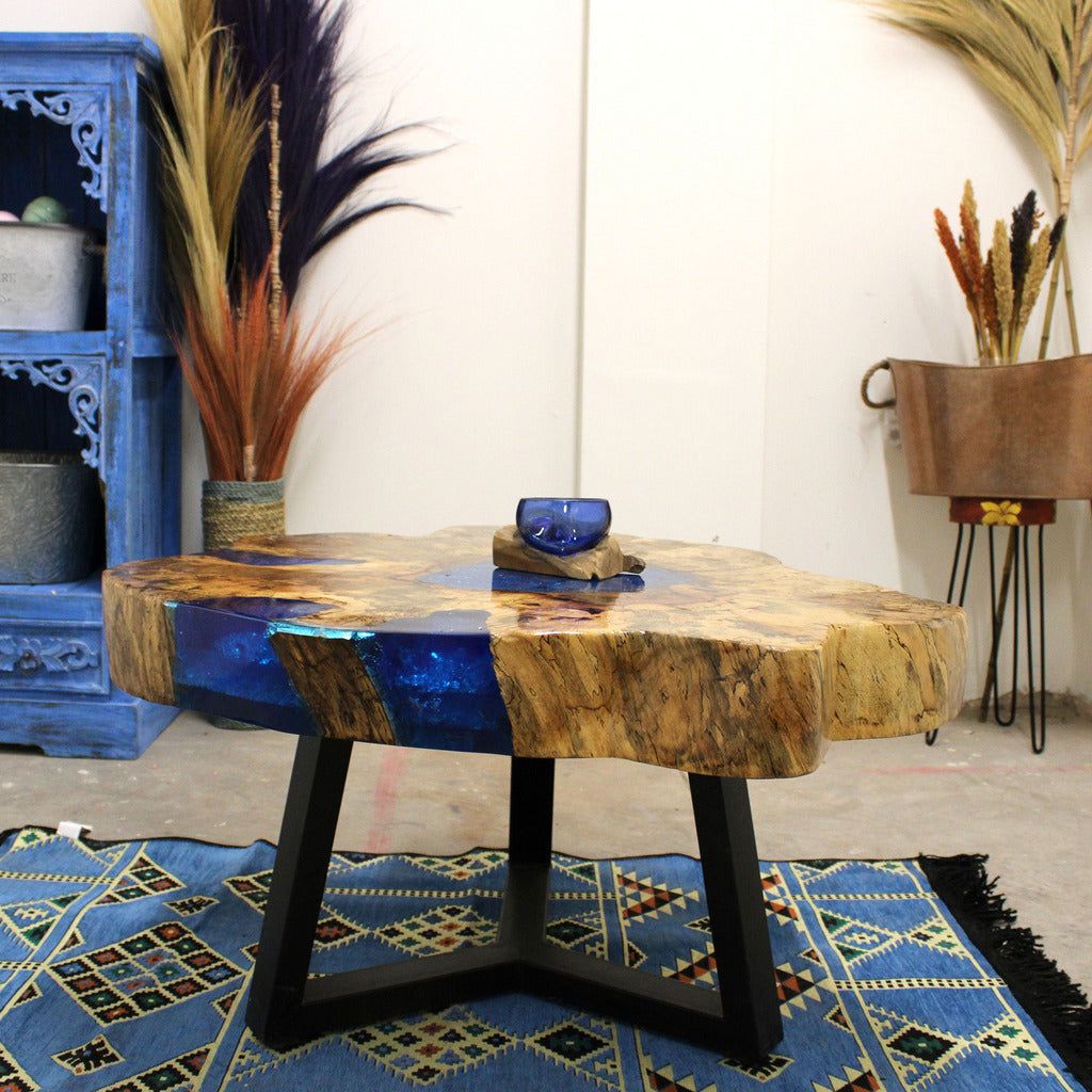 Emmy Jane Boutique Wooden Coffee Table - Natural Tamarind Wood and Resin - Aqua and Sky Blue