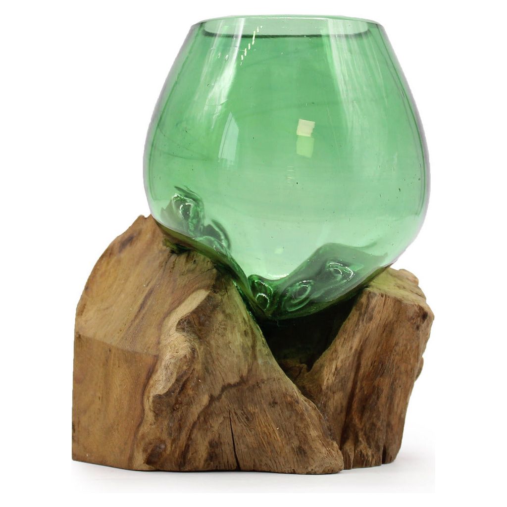 Emmy Jane Boutique Green Glass Bowl - Recycled Beer Bottles Molton Glass on a Sustainable Wood Base