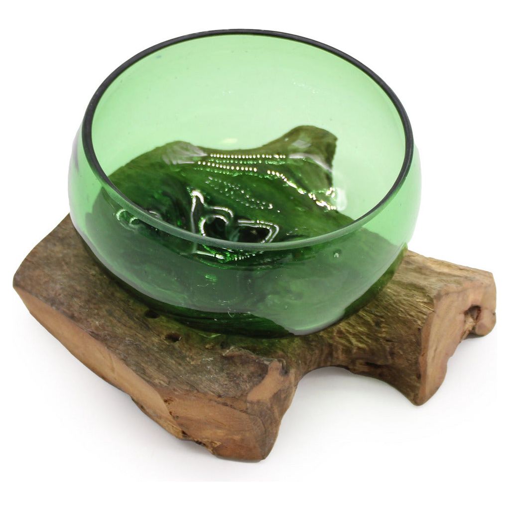 Emmy Jane Boutique Green Glass Bowl - Recycled Beer Bottles Molton Glass on a Sustainable Wood Base