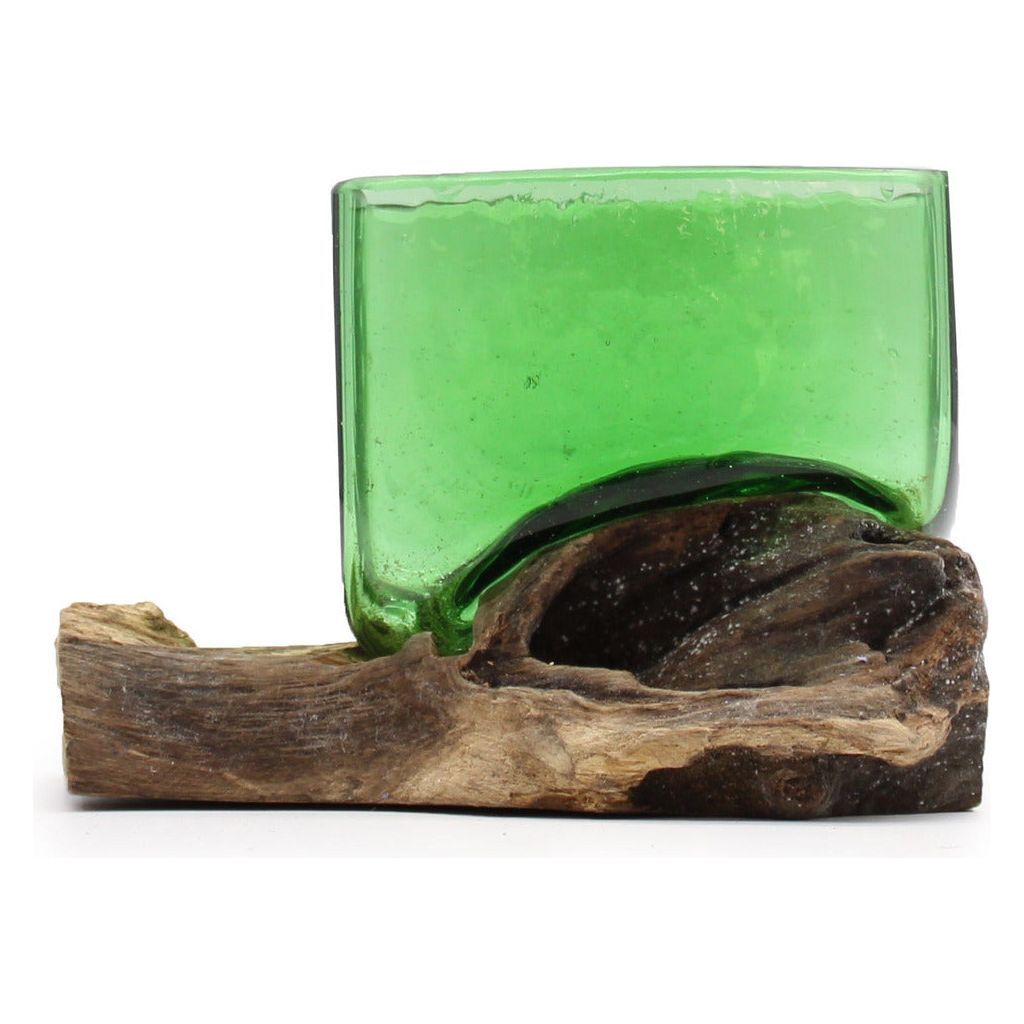Emmy Jane Boutique Green Glass Bowl - Recycled Beer Bottles Molton Glass on a Sustainable Wood Base