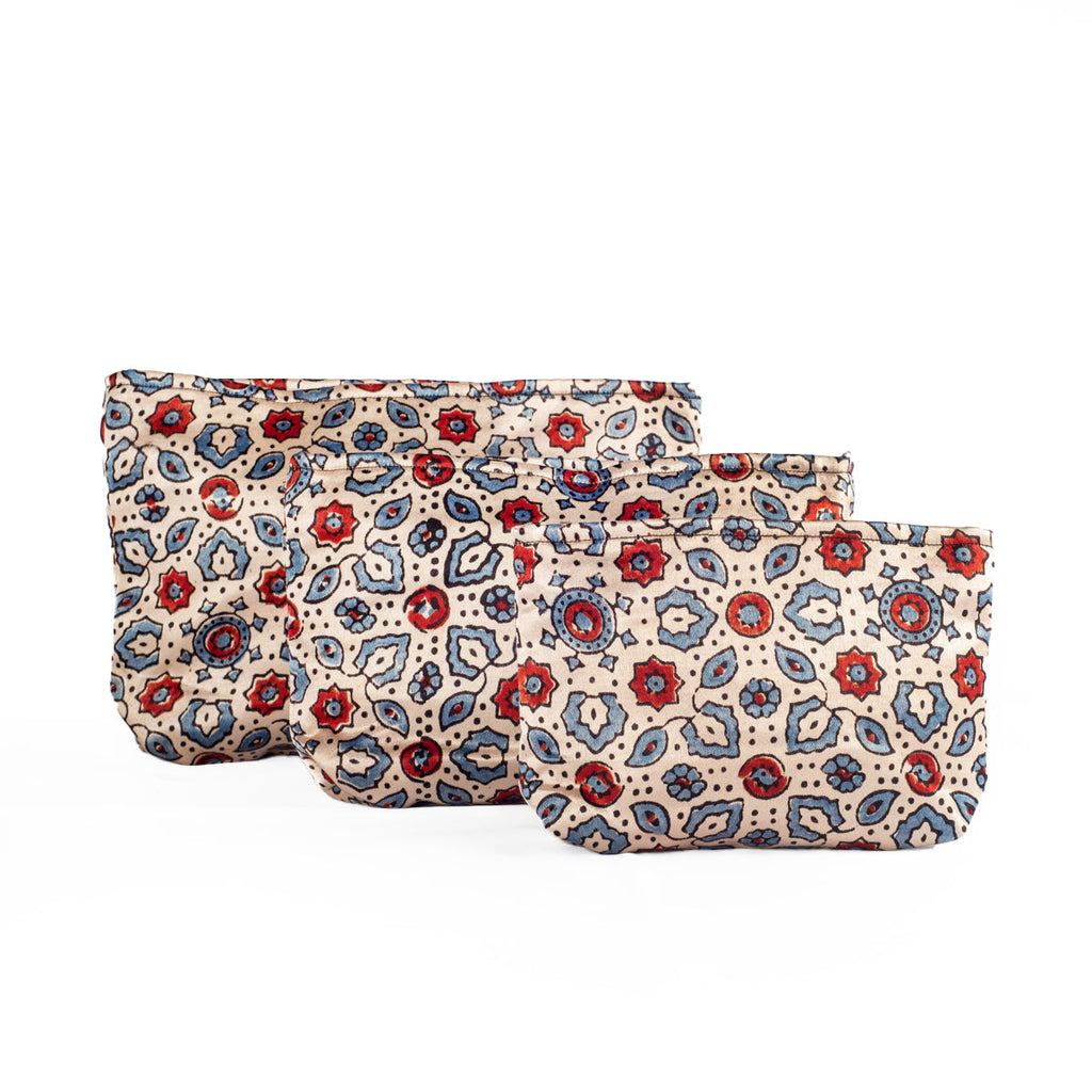 Ajrakh Hand-block Print Silk Travel Case - Set of 3 - Off-white Red Blue Floral-0