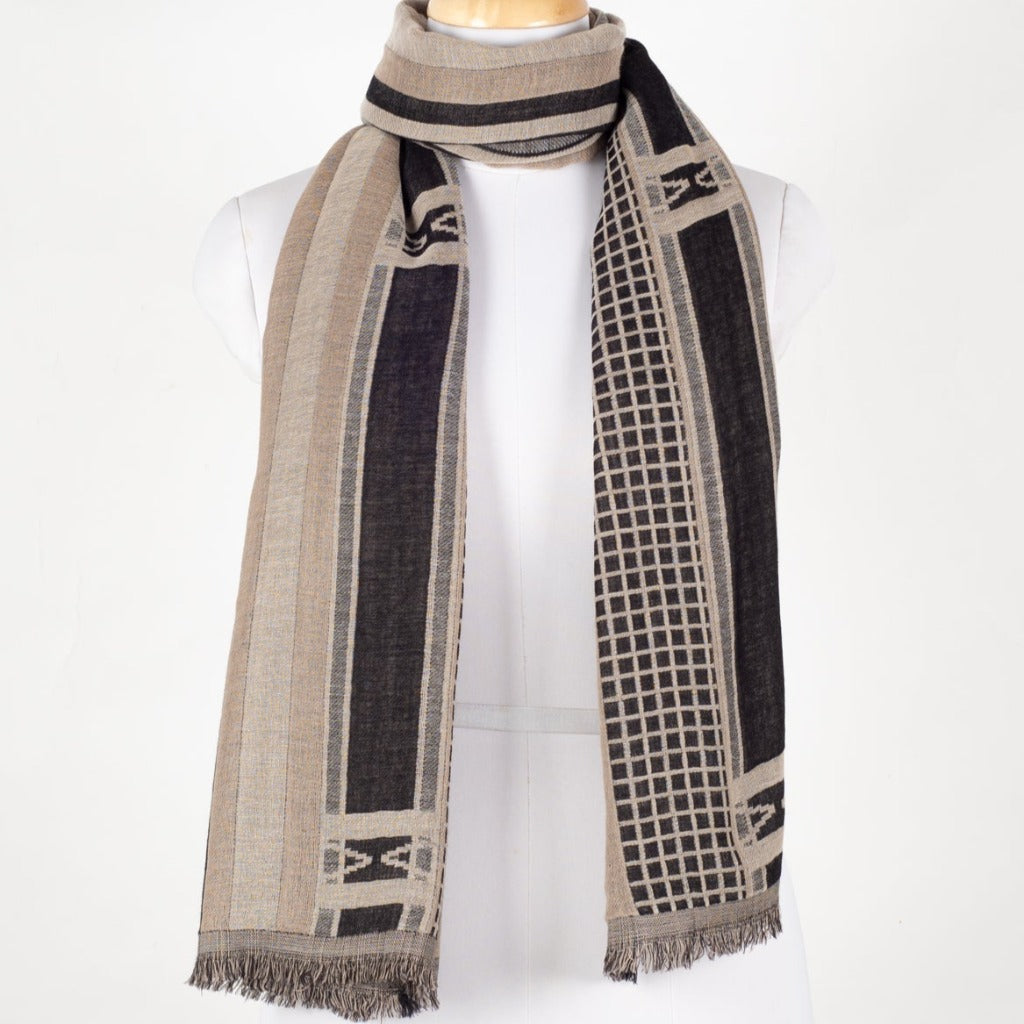 Checks and Stripes Abstract Jacquard Merino Wool Scarf - Black Beige-0