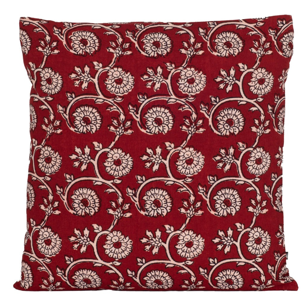 Floral Vine Bagh Hand Block Print Cotton Cushion Cover - Red-0