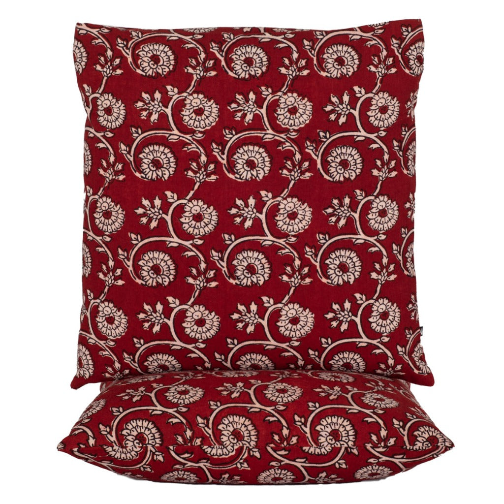 Floral Vine Bagh Hand Block Print Cotton Cushion Cover - Red-1