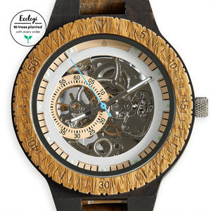 Emmy Jane Boutique - Recycled Wood Watch - The Hemlock - Eco-Friendly Sustainable & Vegan. A natural wood watch body and strap handcrafted from recycled ebony and green sandalwood with exposed mechanical movement