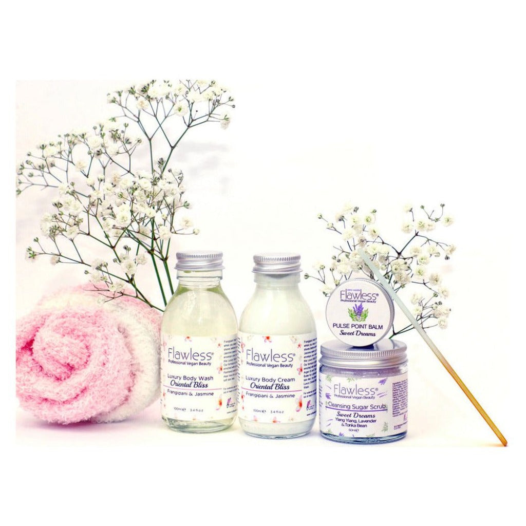 Emmy Jane Boutique Mother's Day Pamper Gift Set. The Flawless Mother's Day Pamper Gift Set has been created for the ultimate home spa experience. Allow them to indulge in a luxurious, botanical floral pamper that will leave their body and mind feeling relaxed. All our products are 100% Vegan, Cruelty-free and Plastic Free.
