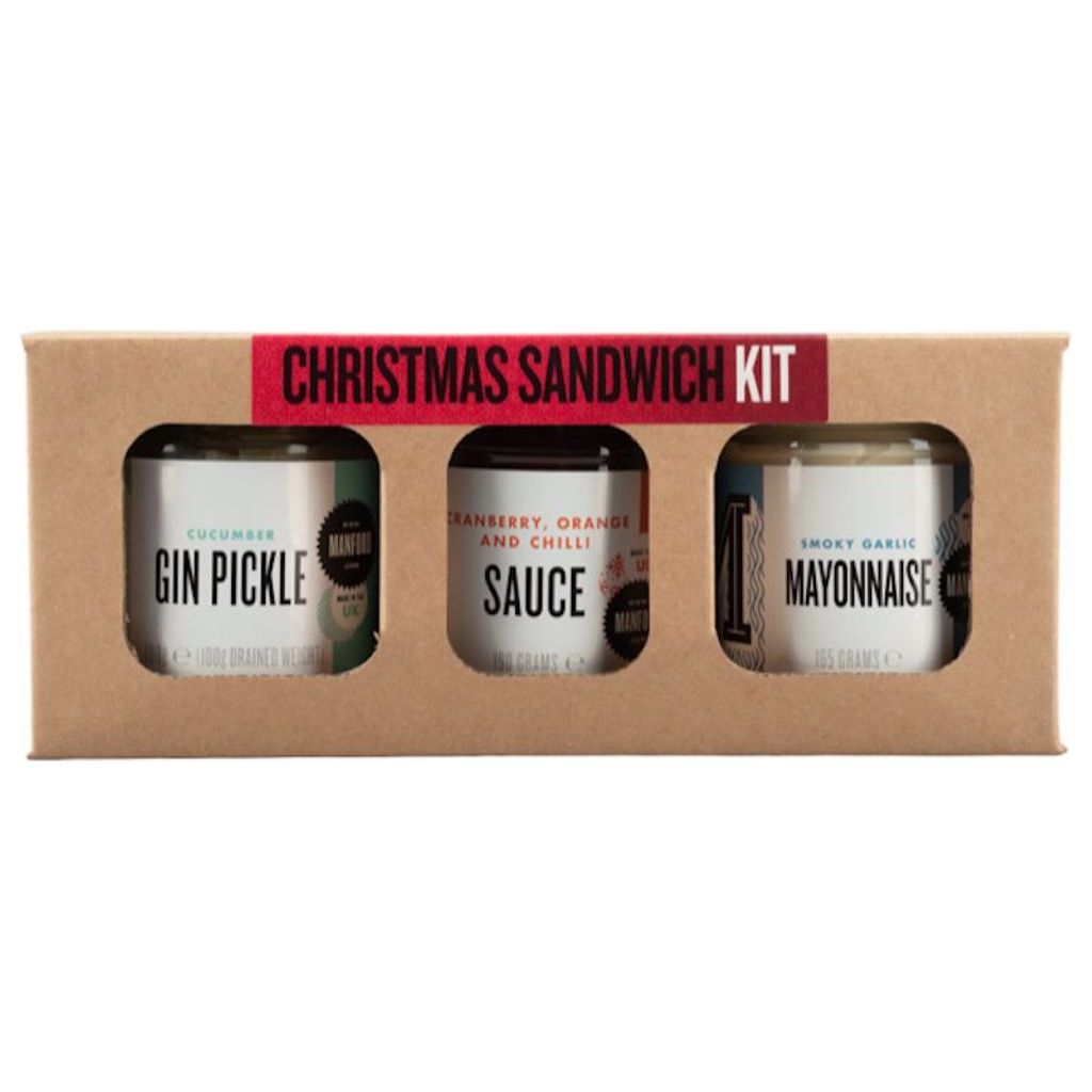 Emmy Jane Boutique Christmas Sandwich Kit. Whether you're vegan, vegetarian, or a complete carnivore, this kit contains three must-haves to enable you to make the ultimate Christmas sandwich from Boxing Day and beyond! Contains our Gin Pickle, Vegan Smoky Garlic mayonnaise, and Chilli cranberry sauce.