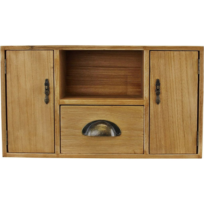 Emmy Jane Boutique Small Wooden Cabinet with Cupboards, Drawer and Shelf.Classic Trinket Drawers . This small wooden cabinet would be perfect for a desk or dressing table, with 2 cupboards featuring fancy handles and magnetic closing latches, 1 drawer with a metal handle, and 1 shelf area. The drawer is interchangeable between both middle spaces.