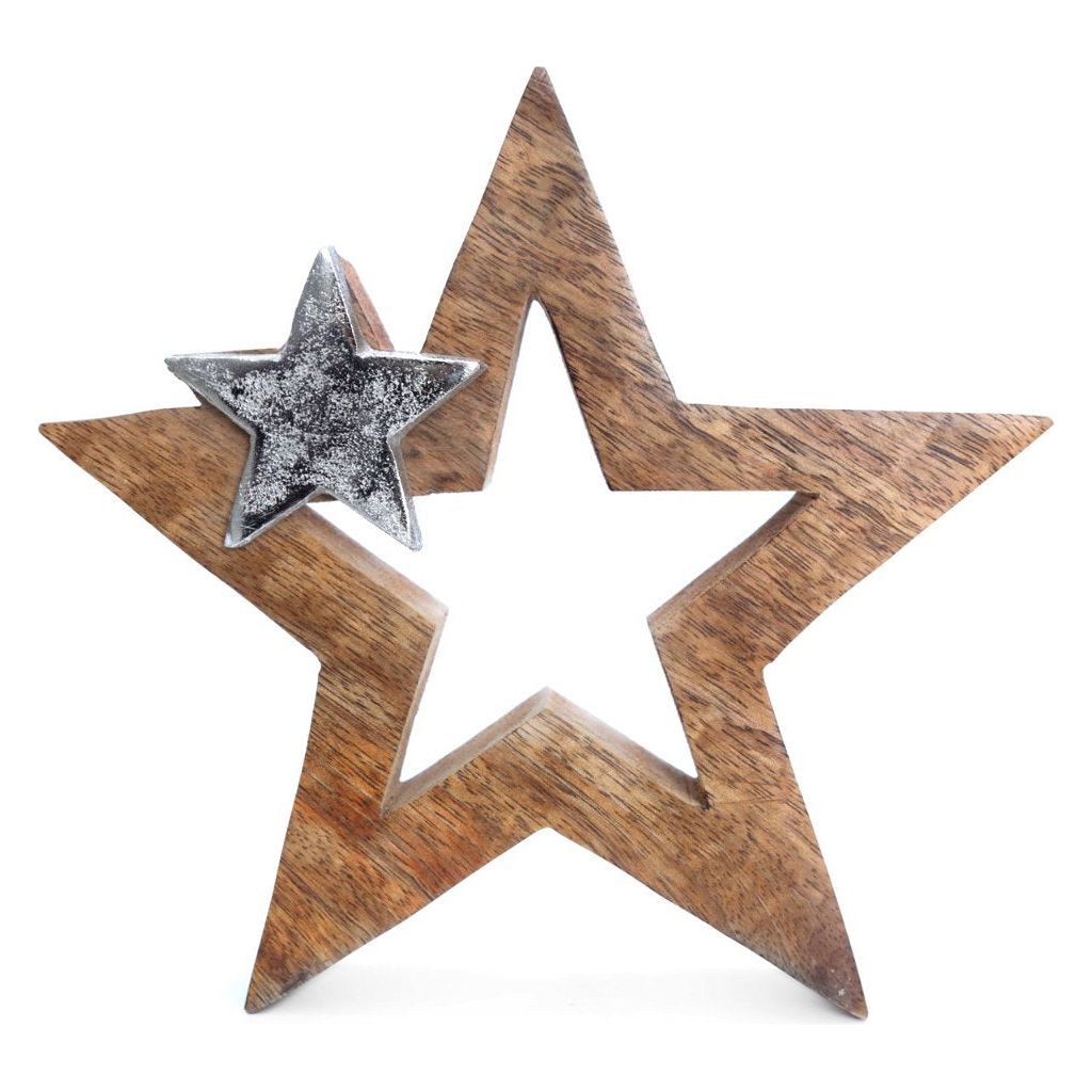 Emmy Jane Boutique Wood & Silver Metal Star Decoration 20cm. A chunky solid wooden star shape with a smaller silver star shape at the top. A free-standing block is a simple design to complement the Christmas decorations in your home.