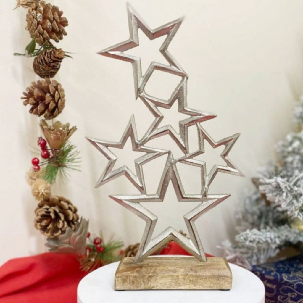 Emmy Jane Boutique Silver Metal Stars On Wood Plinth