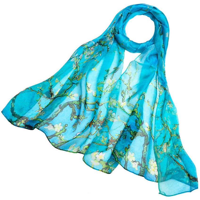 Emmy Jane Boutique Silk Scarf - Van Gogh Almond Blossom - 100% Pure Silk Scarves Blue Floral