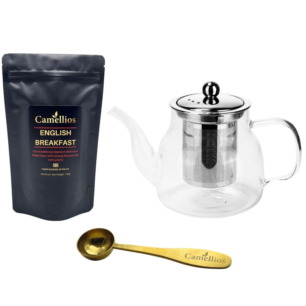 Loose Leaf Tea Set - Ethically Sourced - 100% Natural ingredients. Award-winning loose leaf tea. Ethically sourced and packed in the UK, only 100% natural ingredients.  Includes  1 x Camellios Teapot with Infuser Our teapot is made from high-quality borosilicate glass that is heat-resistant and elegant. Capacity: 600ml (2 cups) 1x Tea Measuring Spoon A sleek, engraved stainless steel measuring spoon. Scoops out 2g (use two scoops for a teapot) 1x Tea Blend of Your Choice (100g) 