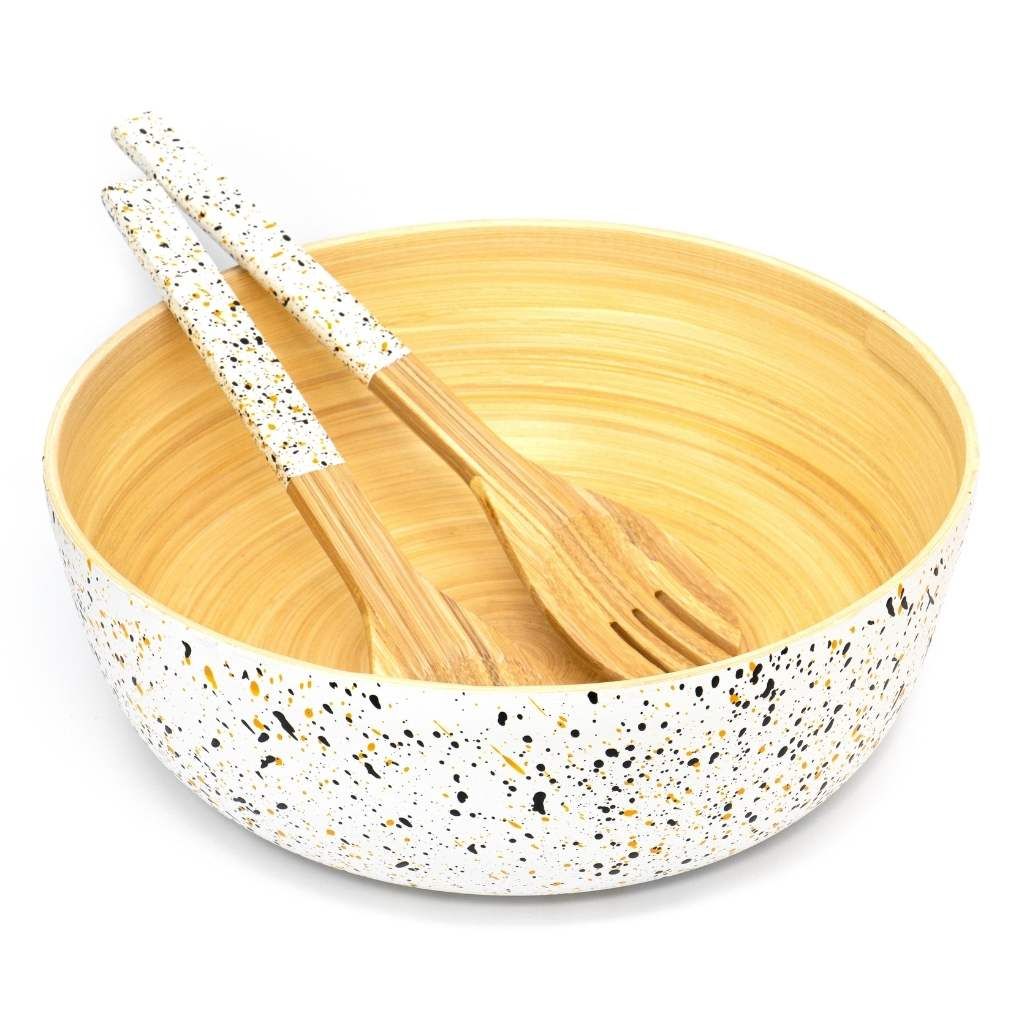 Emmy Jane Boutique Bamboo Salad Bowl & Serving Spoons - Large Handmade Eco-Friendly Bowl