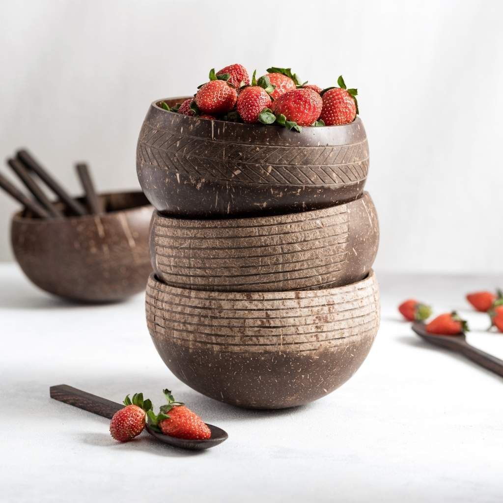 Emmy Jane Boutique Eco-friendly Organic Coconut Bowls & Spoons - Set of 4 & Free Bamboo Straws