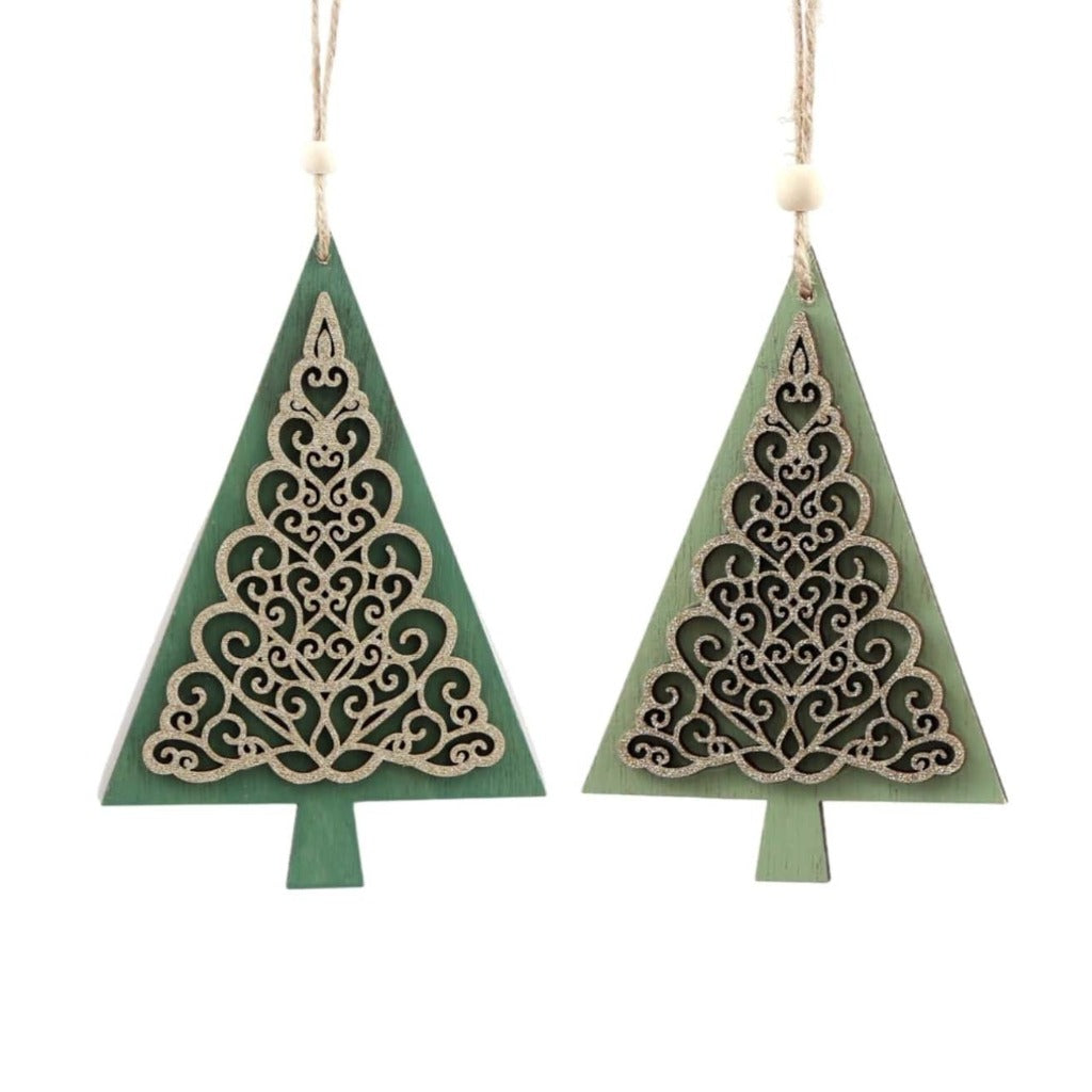 Emmy Jane Boutique - Wooden Christmas Tree Decorations - Pair of Hanging Tree Decorations.A charming pair of wooden hanging tree decorations, in shades of green. Both decorations feature gold tree print decals, complete with a jute hanger.