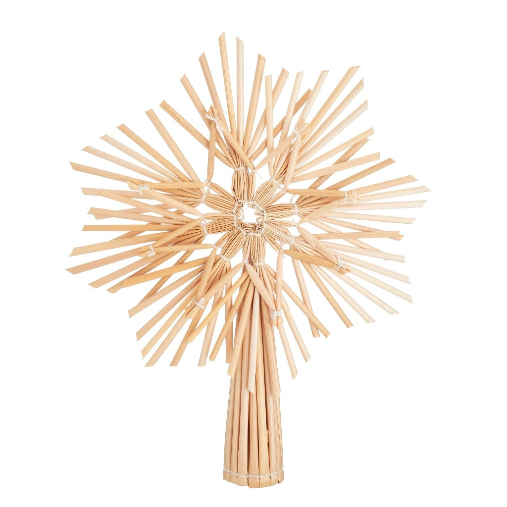 Emmy Jane Boutique - Eco-Friendly Christmas Decor - Straw Star Tree Topper. The Straw star tree topper is a joyful addition to your tree for the festive season. This handcrafted Christmas decoration is accented with heart-warming hues. Straw star tree topper Material Straw Colour Natural Measurements: D16 x H20 x W2cm.