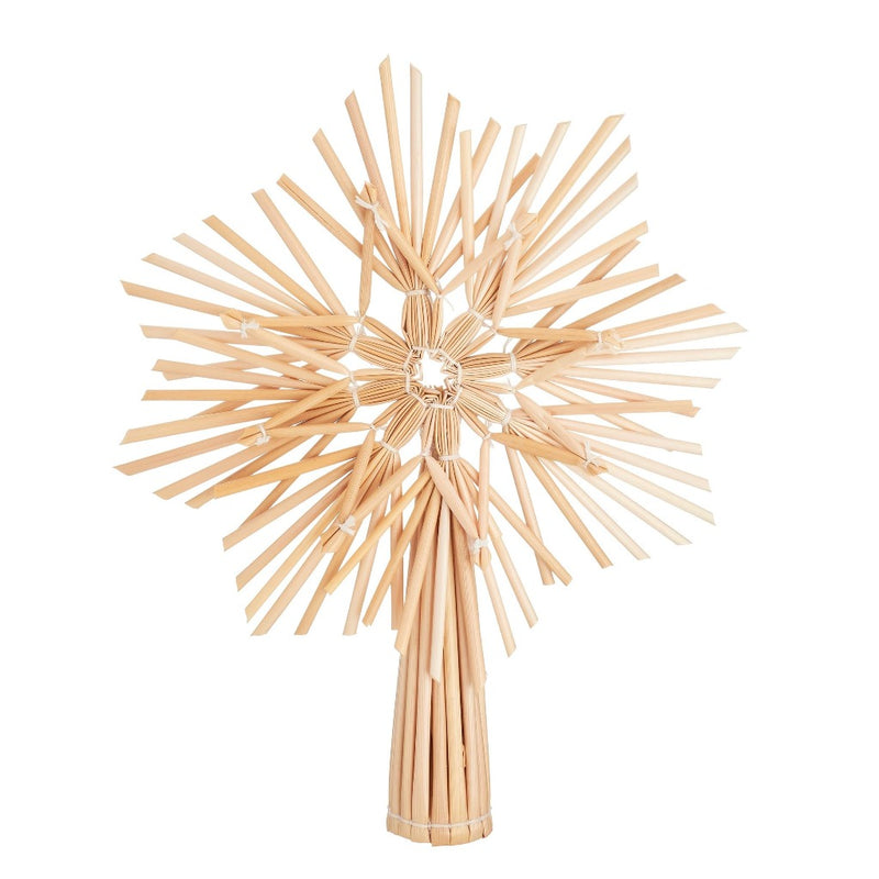 Emmy Jane Boutique - Eco-Friendly Christmas Decor - Straw Star Tree Topper. The Straw star tree topper is a joyful addition to your tree for the festive season. This handcrafted Christmas decoration is accented with heart-warming hues. Straw star tree topper Material Straw Colour Natural Measurements: D16 x H20 x W2cm.