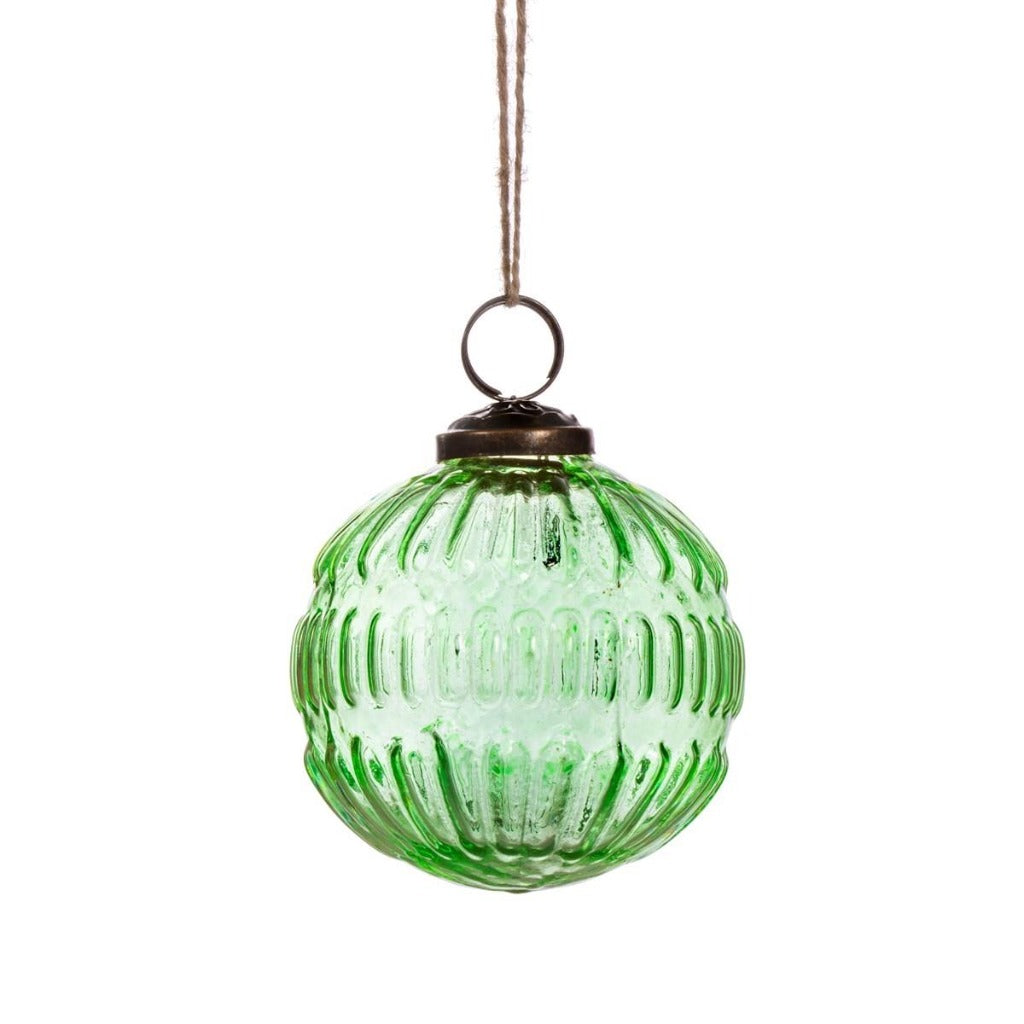 Emmy Jane Boutique -Eco-Friendly Christmas Tree Decoations - Green Recycled Glass Baubles. This green-coloured glass, grooved bauble is designed with the future in mind and the earth at heart.  Go back to basics with the minimalistic design and recycled glass material. A true embrace of the real green in the festive season.