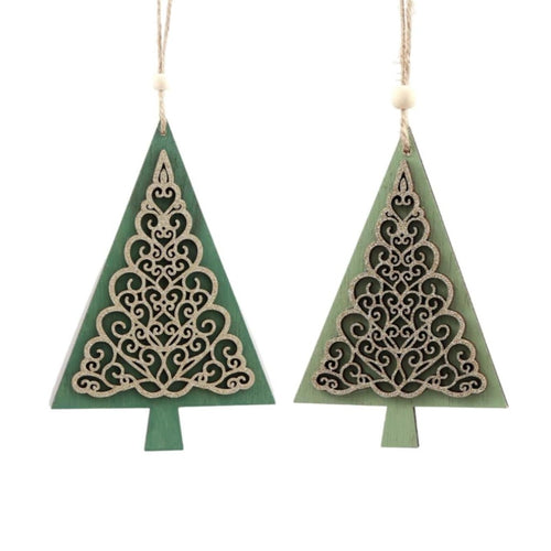 Emmy Jane Boutique - Wooden Christmas Tree Decorations - Pair of Hanging Tree Decorations.A charming pair of wooden hanging tree decorations, in shades of green. Both decorations feature gold tree print decals, complete with a jute hanger.