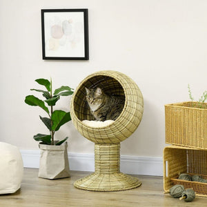 Emmy Jane Boutique PawHut Raised Cat House, Natural Mat Grass Cat Bed w/ Stand Cushion, 41x 69 cm