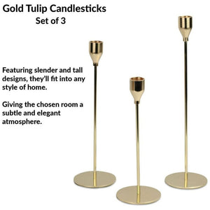 Emmy Jane Boutique Tulip Candlesticks - Set of 3 Gold  - Maison & White. The tall candle holders come as a set of 3, with each of them being a different size. Their simple, yet elegant design will definitely add that extra touch to your dinner table.