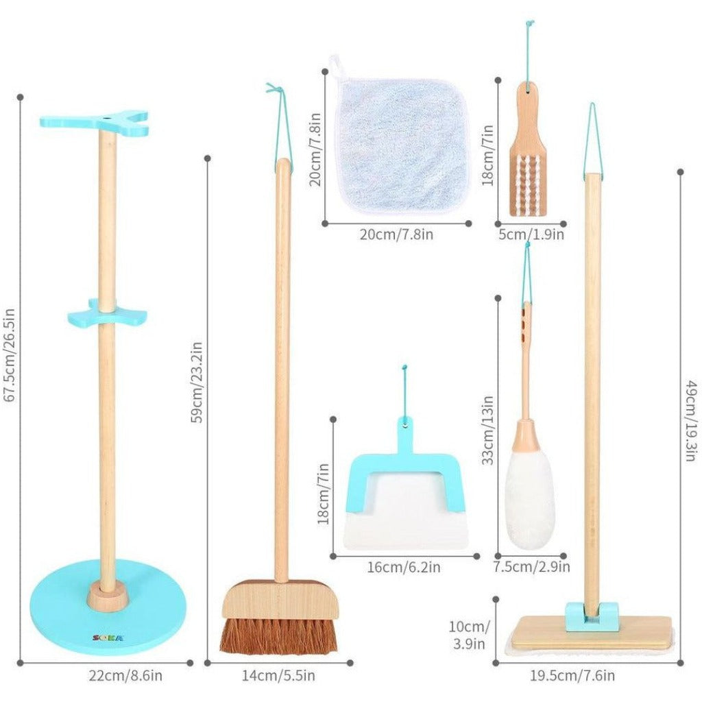 Emmy Jane Boutique SOKA Wooden Cleaning Kit Pretend Play Household Toy Set Playhouse for Kids 3+ This playset comprises of different pieces which are super easy to assemble and carry wherever they are needed. Includes Duster Broom Mop Brush Towel Dustpan All pieces are presented in a beautifully designed bracket with a hanging design that measures approximately 67.5 x 22 cm (26.5 x 8.6 inches)