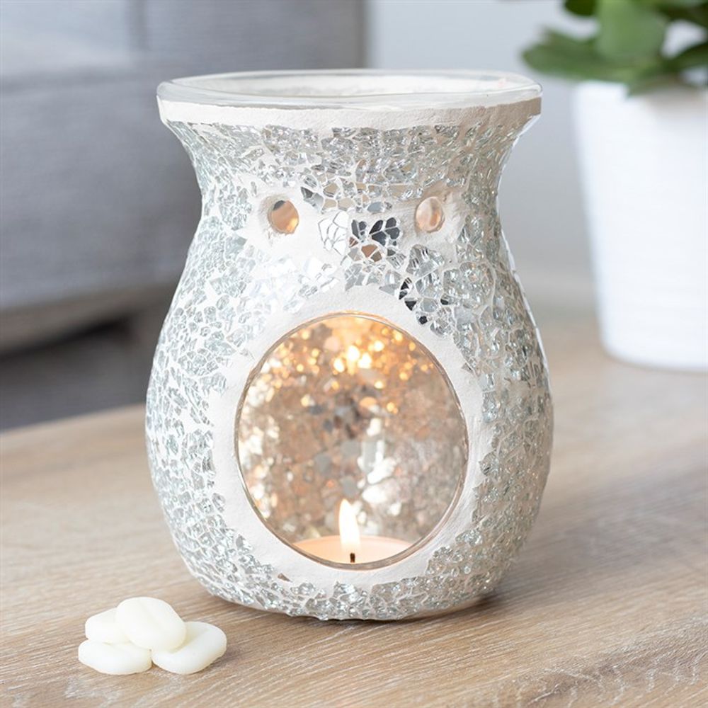 Oil Burner - Large Silver Crackle Glass Wax Melt Burner - Oil Warmer