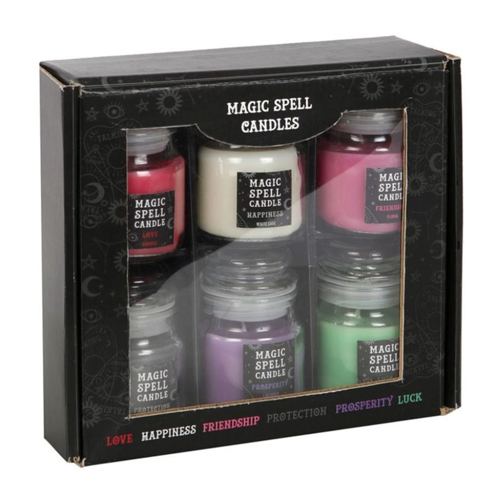 A captivating collection of mini spell candle jars includes six scented candles that are ideal companions for spellcasting rituals. Whether used for candle magic or as alternative decor, this set makes a great gift.