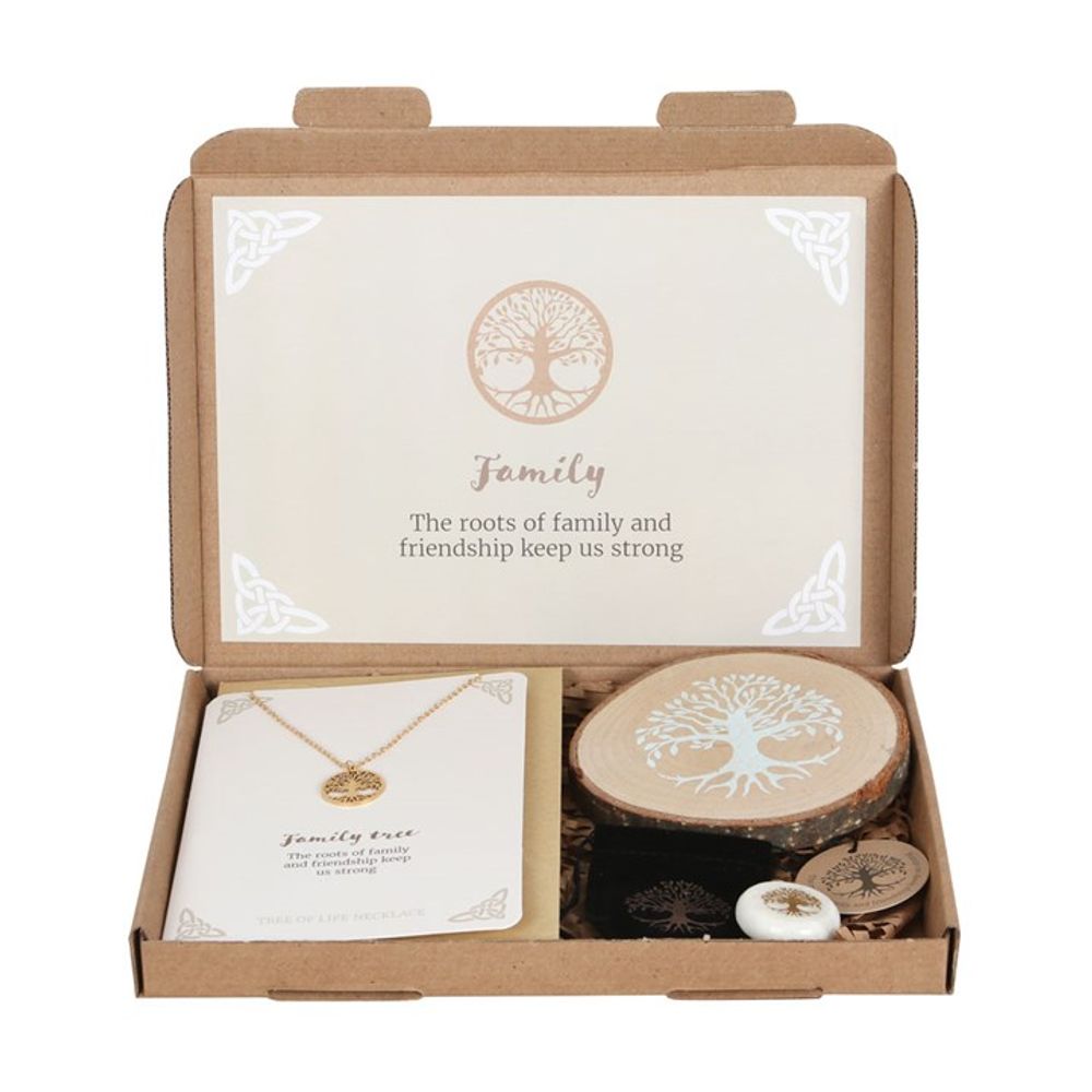 Eco-Friendly Gift Set - Tree of Life Family - Natural Gift Set. This Family gift set comes beautifully presented in a recyclable box with eco-friendly shredded paper filling. Arrives ready to gift for any occasion.  Gift set includes  Tree of Life necklace card Tree of Life wood slice coaster Tree of Life lucky charm.