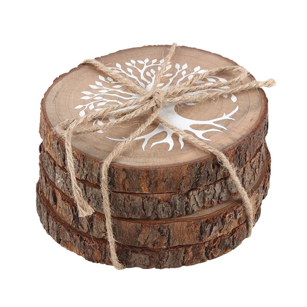 Wooden Coasters - Tree of Life Wood Slice Coaster - A set of 4 natural raw-edge wooden coasters featuring a Tree of Life design in White.