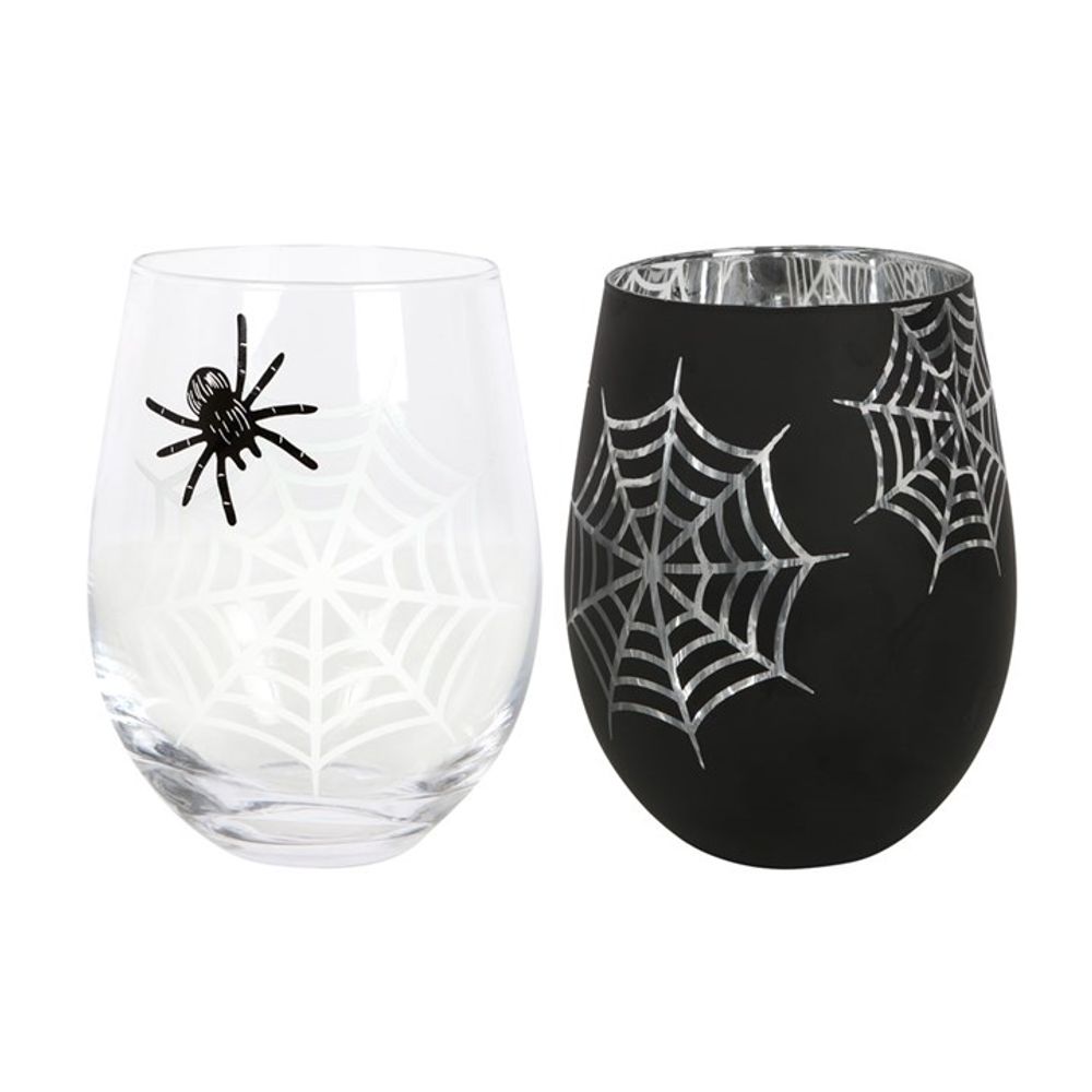 Halloween Glasses Set of 2 - Spider Web Stemless Wine Glasses - Black. This set of 2 stemless glasses is perfect for nights of mischief. Designs feature a printed spider and his web (clear glass) and an eye-catching web silhouette with a silver interior (black). Perfect for your Halloween Dinner Party