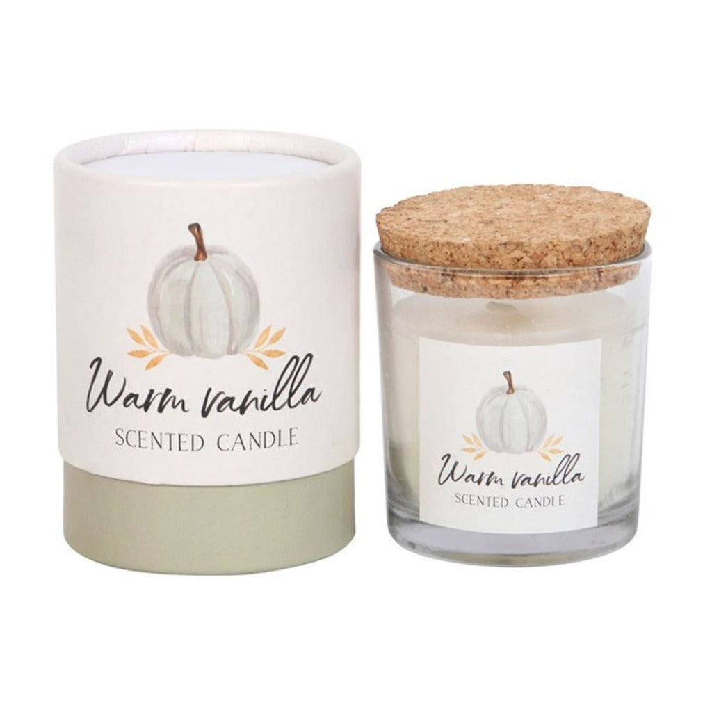 Autumn Candle - Warm Vanilla Jar Candle in Gift Box - Vegan-Friendly Cosy up on a chilly autumn day and enhance your home with this Warm Vanilla fragranced candle. Glass holder with a cork lid and beautifully presented in matching cardboard tube packaging.