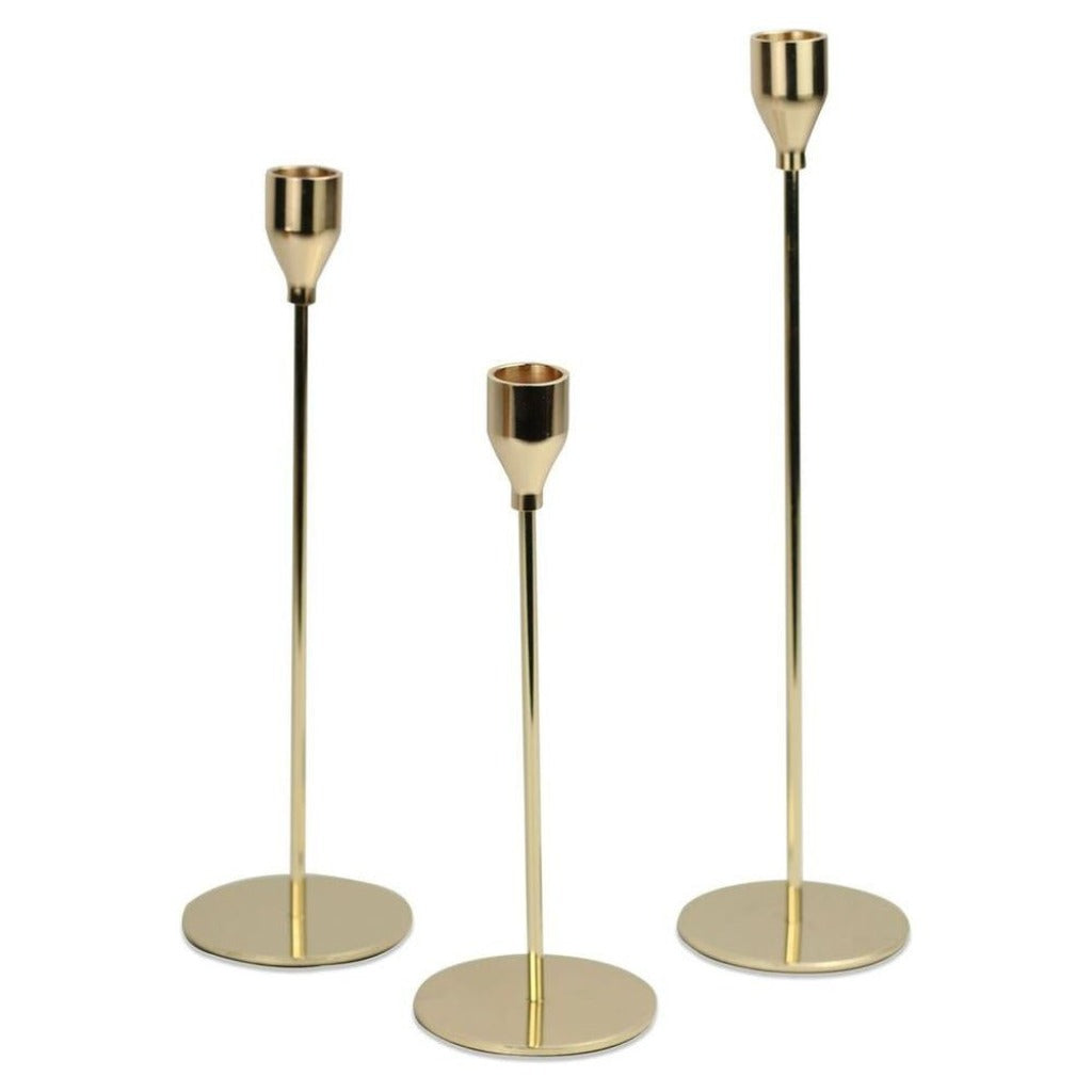 Emmy Jane Boutique Tulip Candlesticks - Set of 3 Gold  - Maison & White. The tall candle holders come as a set of 3, with each of them being a different size. Their simple, yet elegant design will definitely add that extra touch to your dinner table.