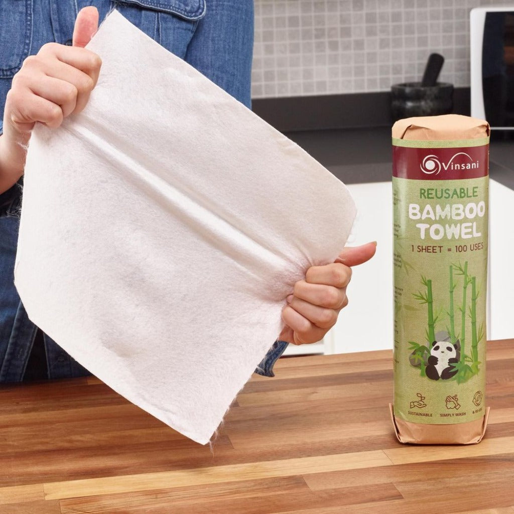 Emmy Jane - Vinsani - Reusable Bamboo Towels - Super Strong Ultra Absorbent Eco-Friendly. Reusable towel replaces traditional paper towels. Each sheet can be used up to 100 times on average. The towels are also machine washable.