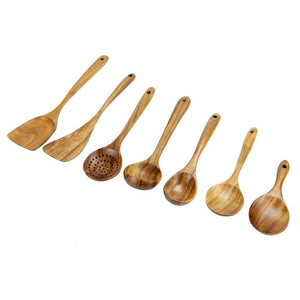 Emmy Jane Boutique Wooden Kitchen Utensils - Set of 7 - Natural Teak Wood Spoons & Spatulas