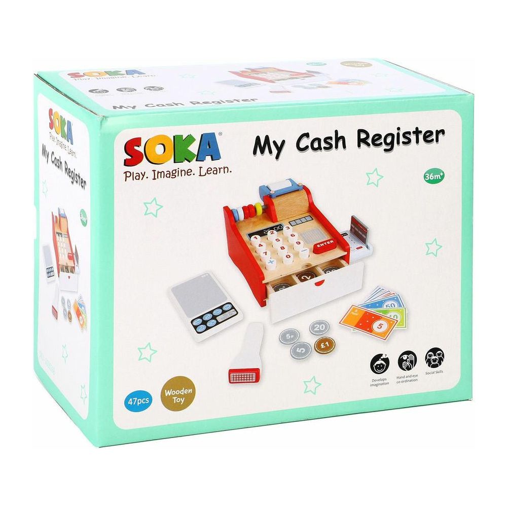 Emmy Jane Boutique SOKA - Wooden Kids Cash Register - Children’s Shop Grocery Checkout Till Toy Set