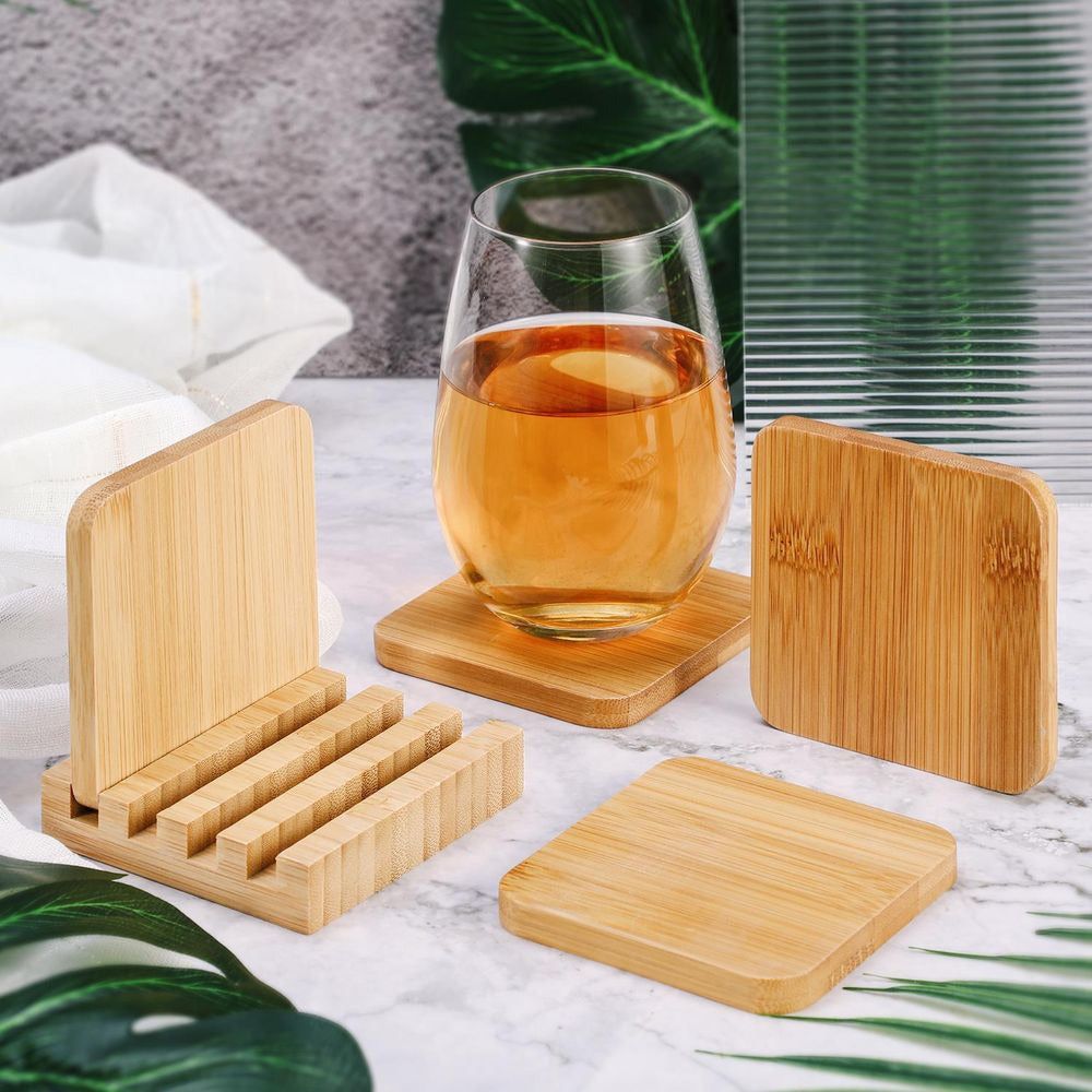 Emmy Jane Boutique Natural Bamboo Coasters - Set of 4 Natural Wood Square Drink Coaster with Holder