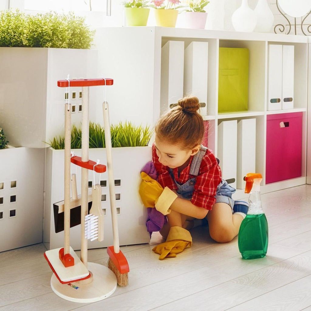 Emmy Jane Boutique Toy Cleaning Kit - 11 Piece Mop Dustpan Brush Set - Pretend Play Wooden Toys