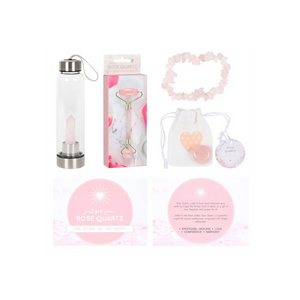 Emmy Jane Boutique - Rose Quartz Gift Set - Birthdays Mother's Day Anniversaries & Valentines. This lovely gift set includes 1 x Rose Quartz Crystal Heart Stone, 1 x Rose Quartz Crystal Bracelet, 1 x Rose Quartz Face Roller and 1 x Rose Quartz Purifying Glass Water Bottle.